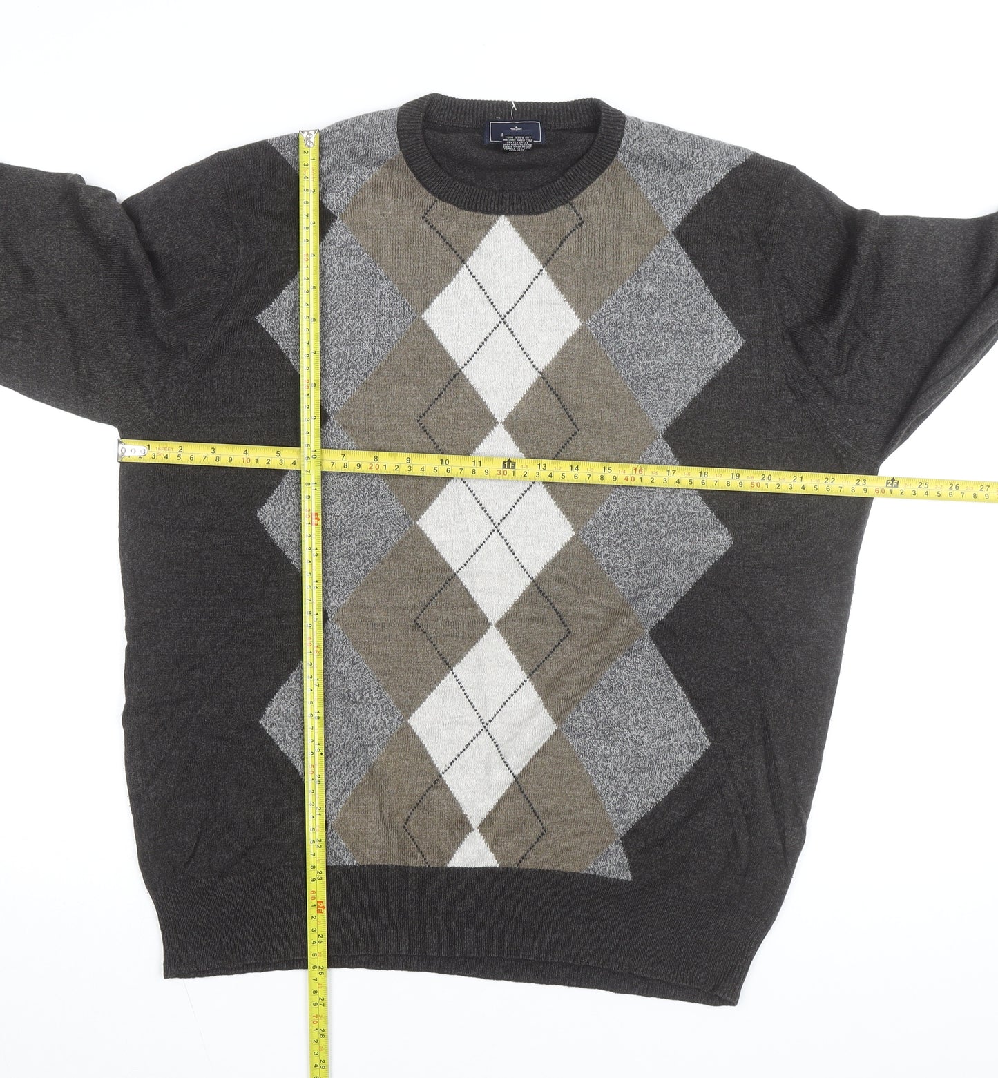Dockers Men Grey Argyle Crew Neck Pullover Jumper Size L