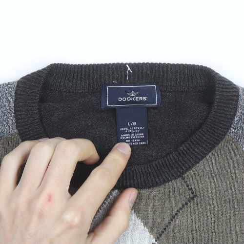 Dockers Men Grey Argyle Crew Neck Pullover Jumper Size L
