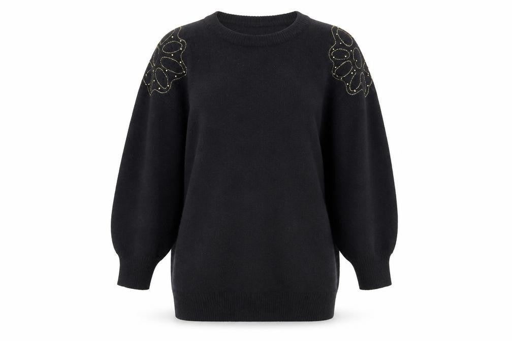 Front view of Au Courant Women's Black Beaded Wool Blend Vintage Jumper, size S