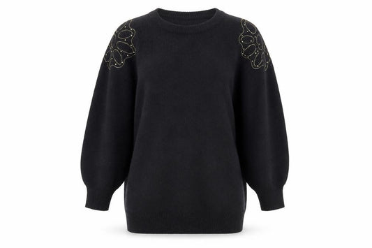 Front view of Au Courant Women's Black Beaded Wool Blend Vintage Jumper, size S