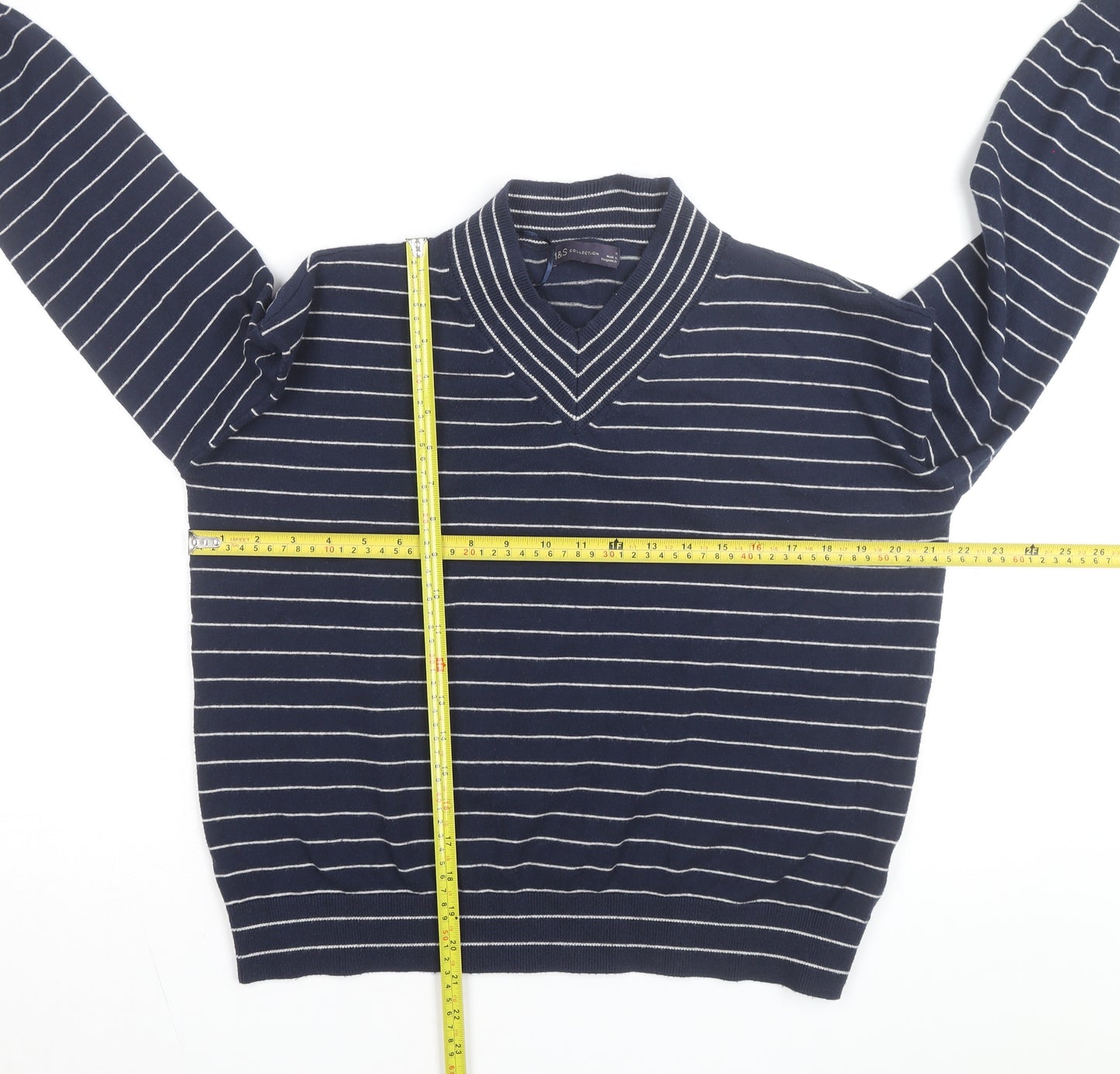 Marks and Spencer Men’s Blue Striped V-Neck Pullover Jumper M