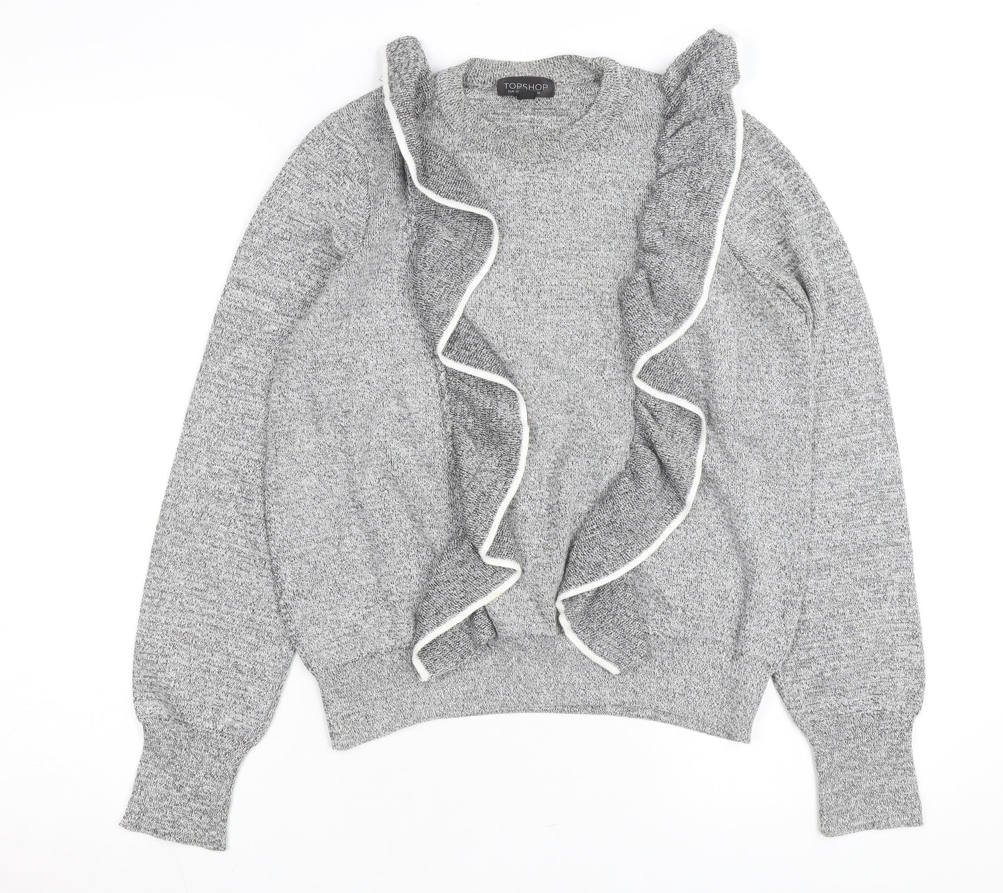 Topshop Women’s Grey Ruffle Knit Crew Neck Jumper Size 12