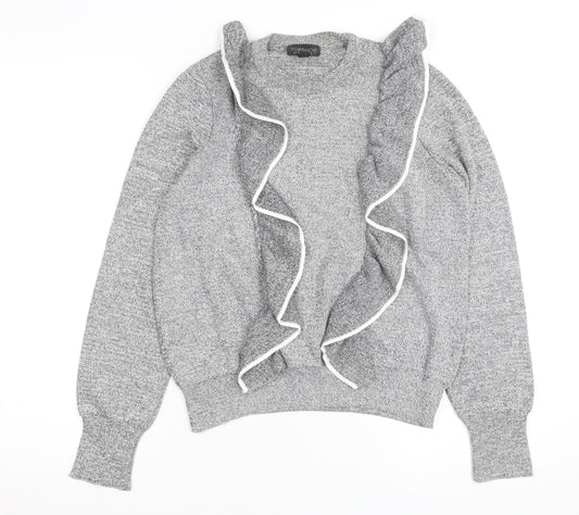Topshop Women’s Grey Ruffle Knit Crew Neck Jumper Size 12
