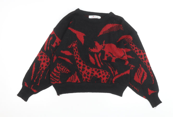 Horng Maw Womens Black Red Wool Animal Print Vintage Jumper Size S