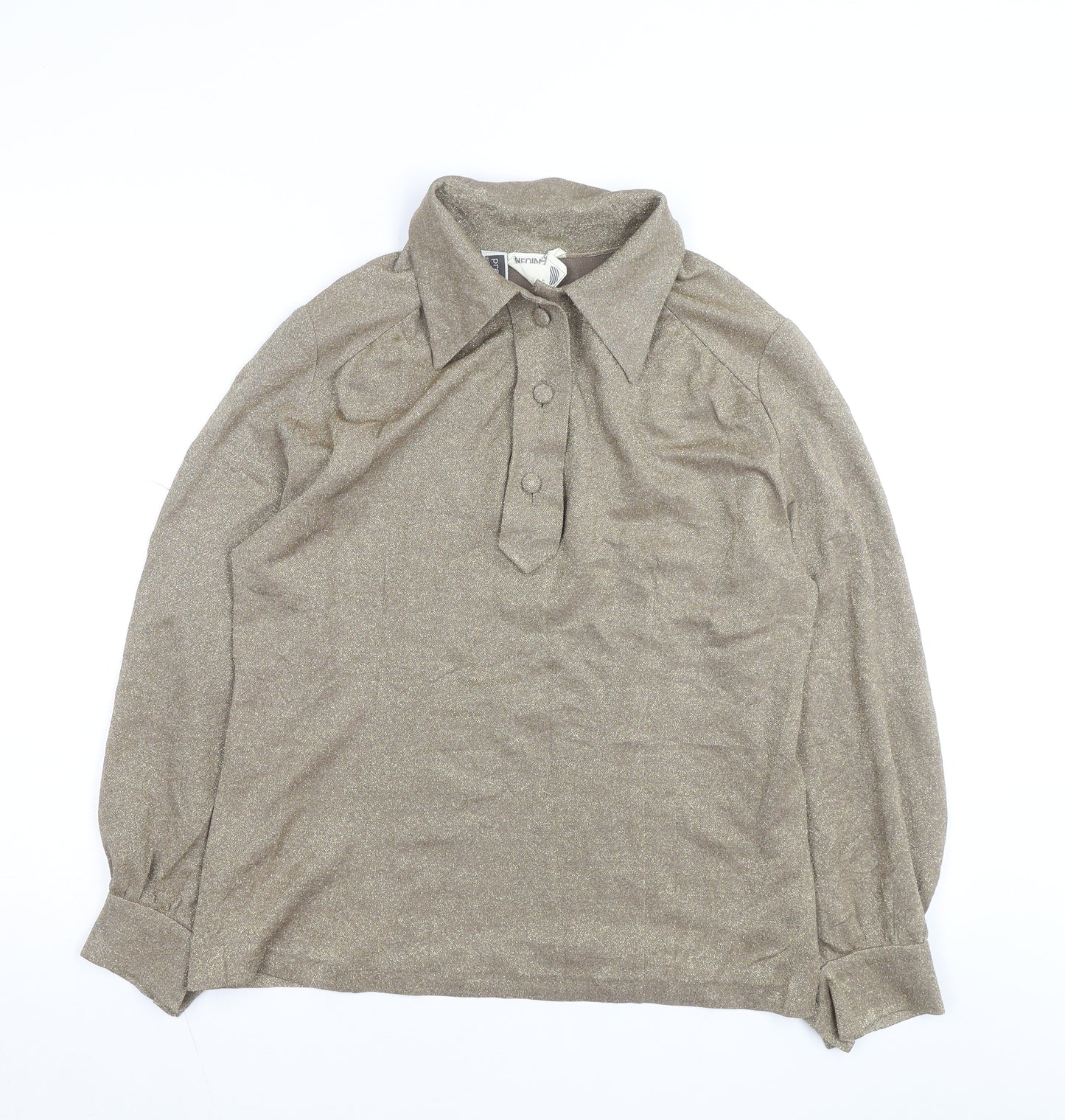 Moda Women Beige Glitter Collared Jersey Blouse Size L