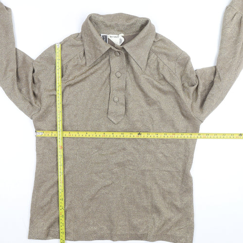 Moda Women Beige Glitter Collared Jersey Blouse Size L