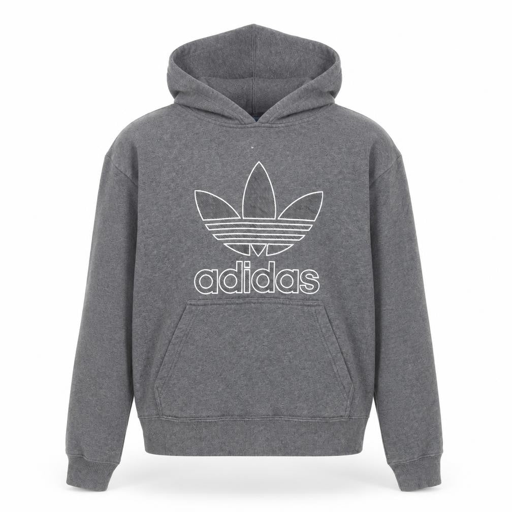 Front view of Adidas Men Grey Pullover Hoodie S Graphic Logo Fleece