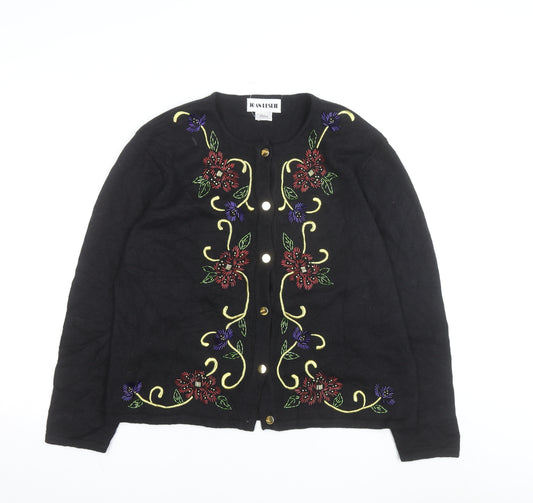 Joan Leslie Women's Black Floral Embroidered Cardigan Size L