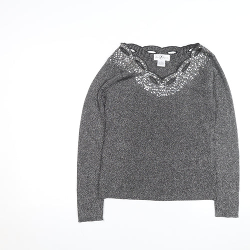 Once Again Women's Grey L Sequin V-Neck Long Sleeve Pullover Jumper