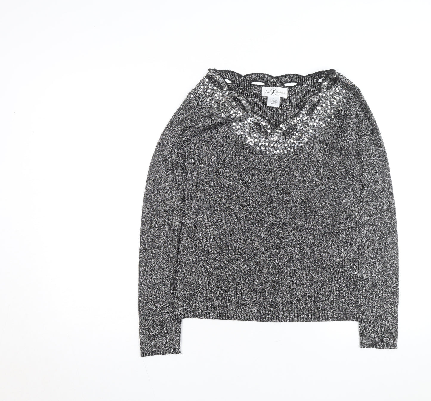 Once Again Women's Grey L Sequin V-Neck Long Sleeve Pullover Jumper
