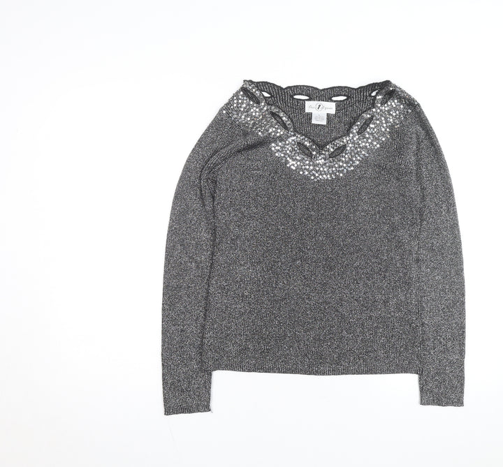 Once Again Women's Grey L Sequin V-Neck Long Sleeve Pullover Jumper