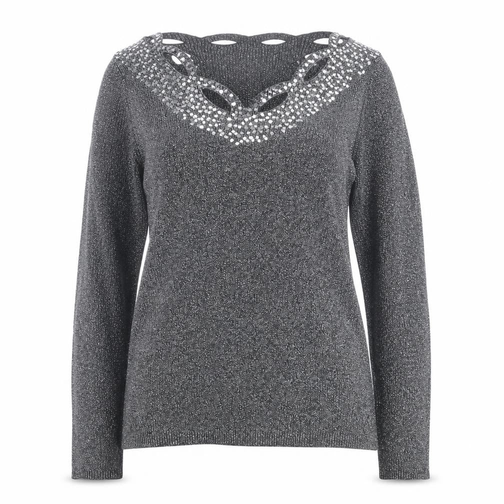 Front view of Once Again Women's Grey L Sequin V-Neck Long Sleeve jumper