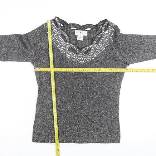 Once Again Women's Grey L Sequin V-Neck Long Sleeve Pullover Jumper