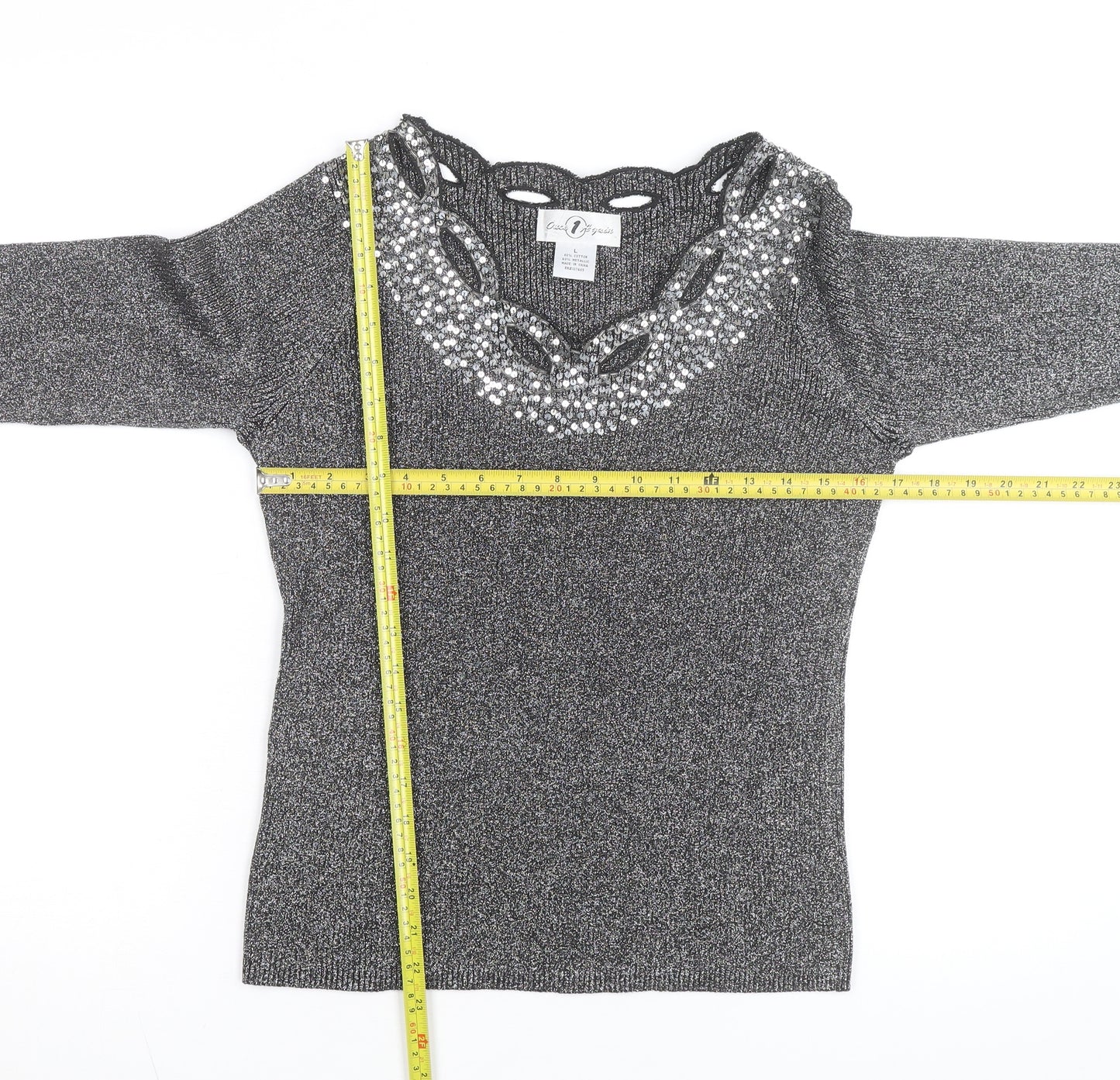 Once Again Women's Grey L Sequin V-Neck Long Sleeve Pullover Jumper