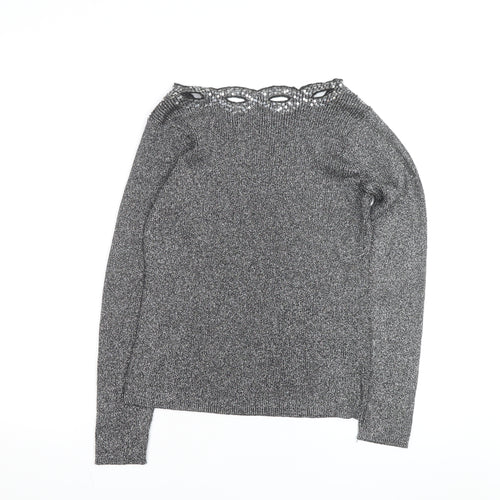 Once Again Women's Grey L Sequin V-Neck Long Sleeve Pullover Jumper
