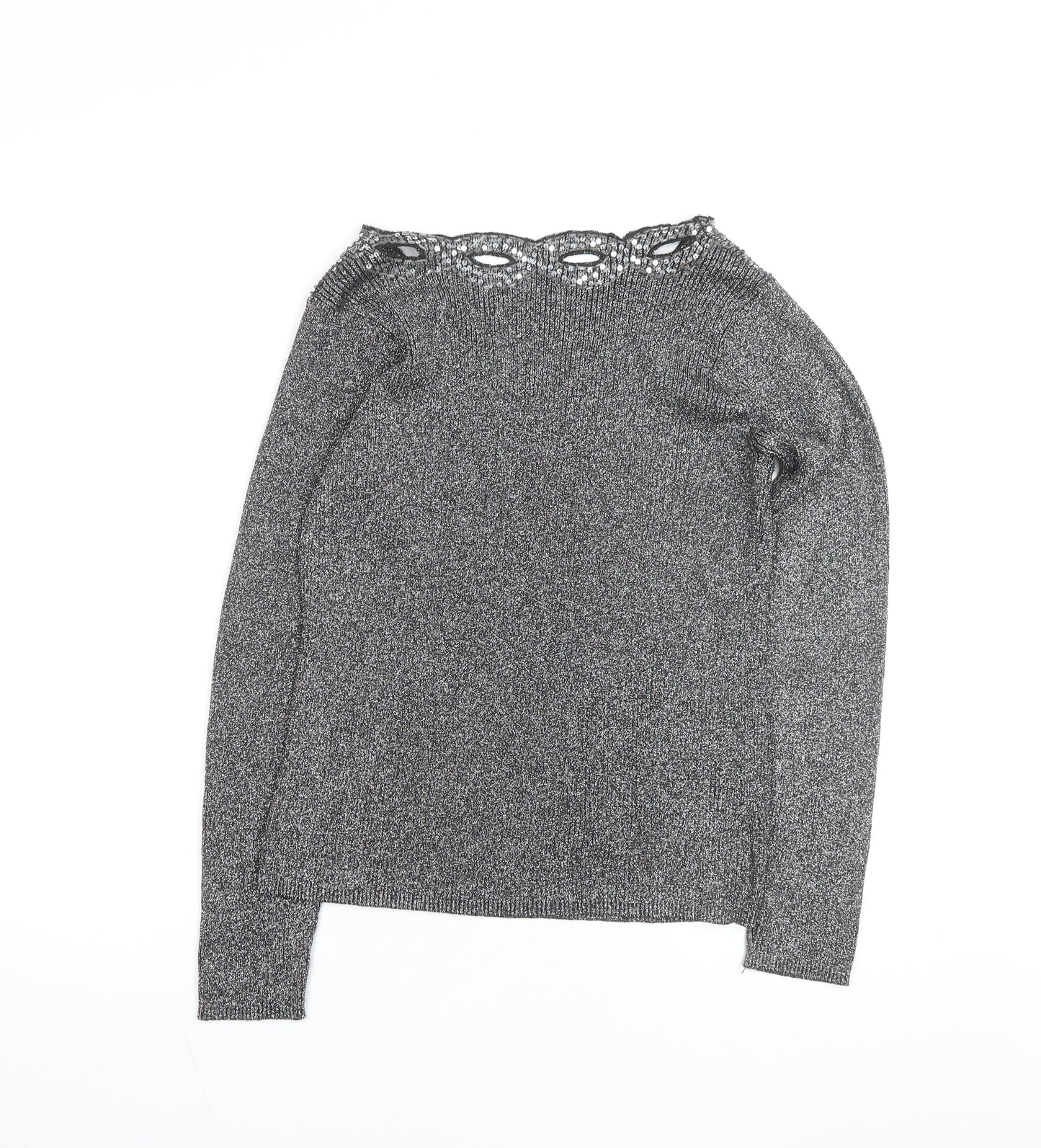 Once Again Women's Grey L Sequin V-Neck Long Sleeve Pullover Jumper