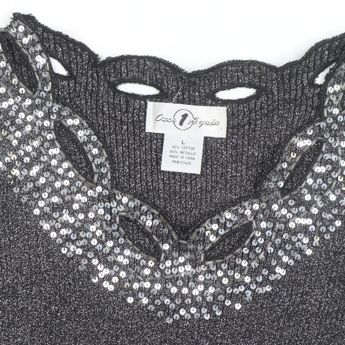 Once Again Women's Grey L Sequin V-Neck Long Sleeve Pullover Jumper