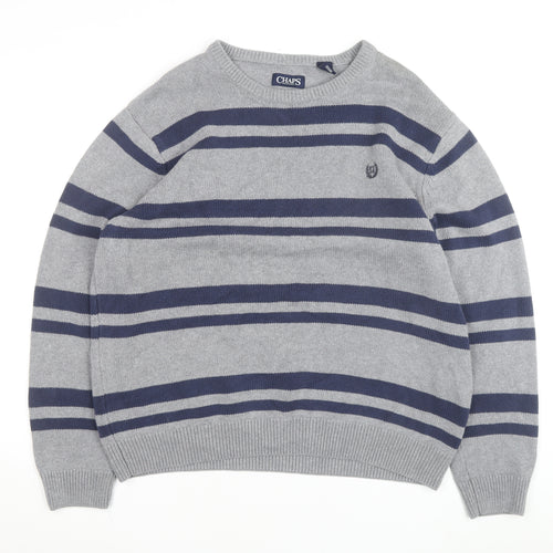 Chaps Men's Grey Striped Cotton Crew Neck Pullover Jumper XL