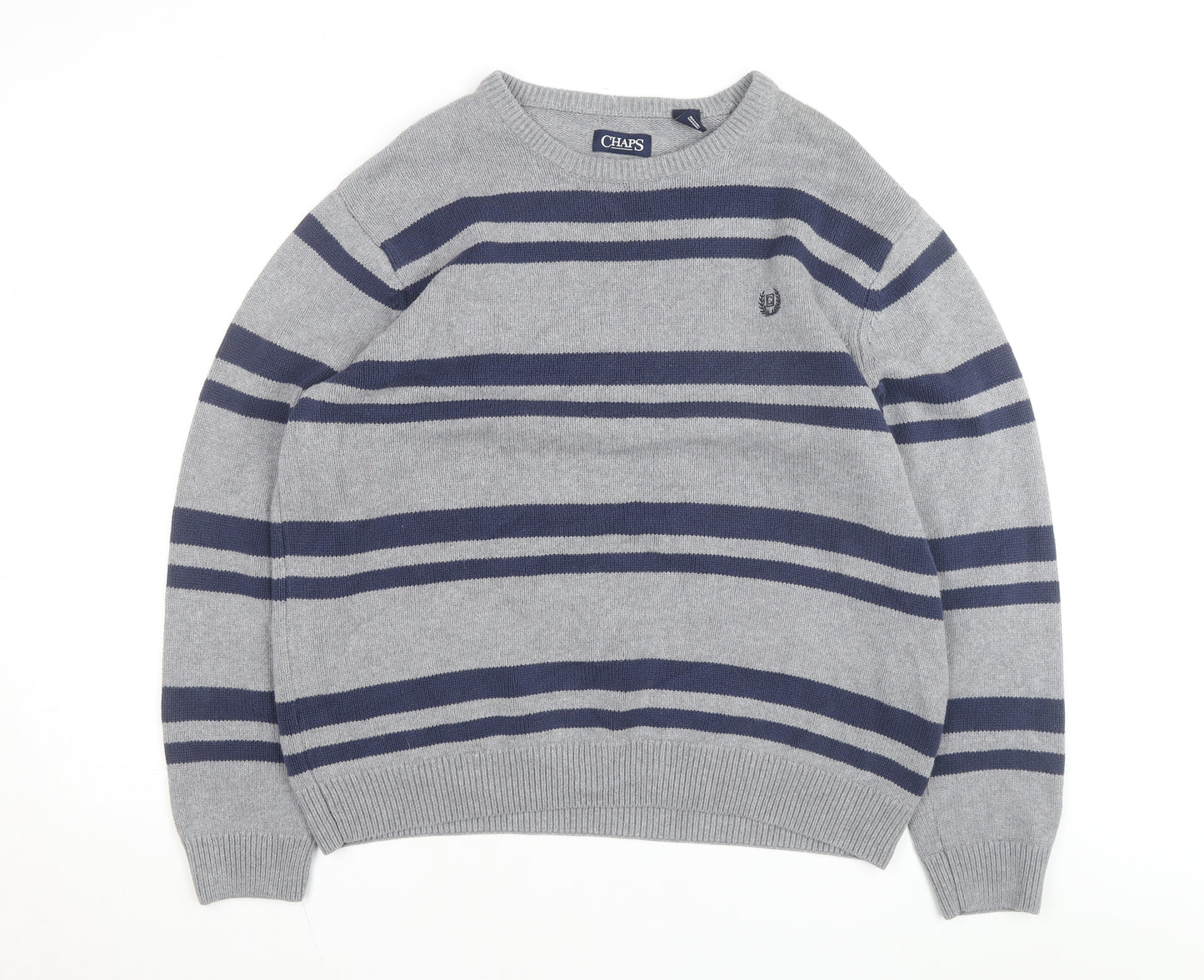 Chaps Men's Grey Striped Cotton Crew Neck Pullover Jumper XL