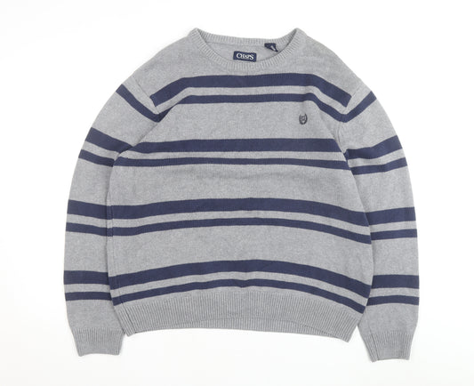 Chaps Men's Grey Striped Cotton Crew Neck Pullover Jumper XL