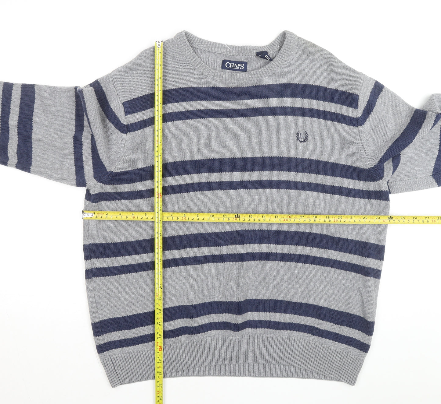 Chaps Men's Grey Striped Cotton Crew Neck Pullover Jumper XL