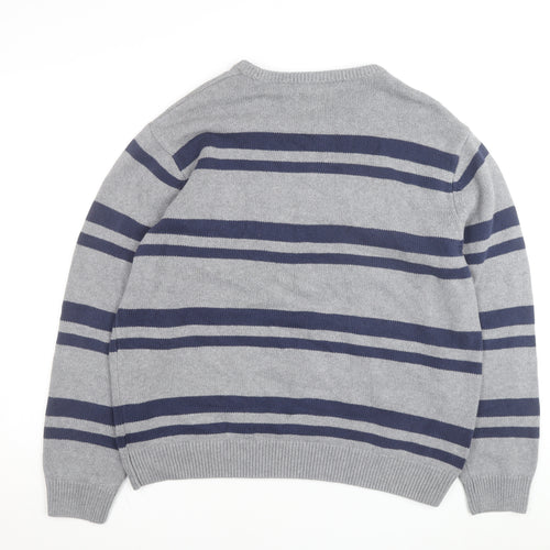 Chaps Men's Grey Striped Cotton Crew Neck Pullover Jumper XL