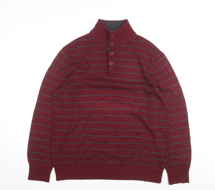 Denver Hayes Men's Red Striped Henley Jumper L Cotton Blend