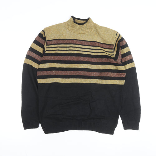 Alfred Dunner Women Black Gold Striped Mock Neck Knit Jumper S