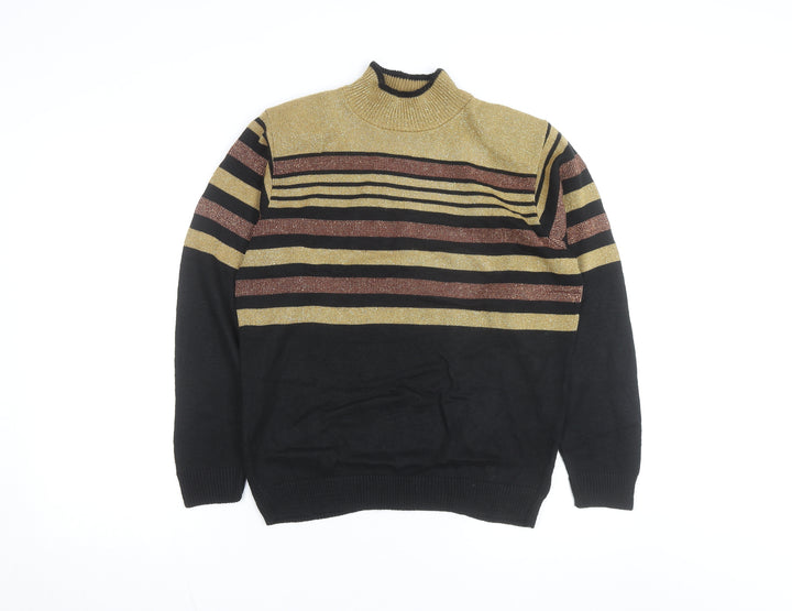 Alfred Dunner Women Black Gold Striped Mock Neck Knit Jumper S
