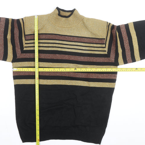 Alfred Dunner Women Black Gold Striped Mock Neck Knit Jumper S