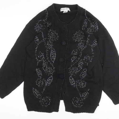 Victoria Harbour Women's Black Embroidered Cardigan M Cotton Ramie