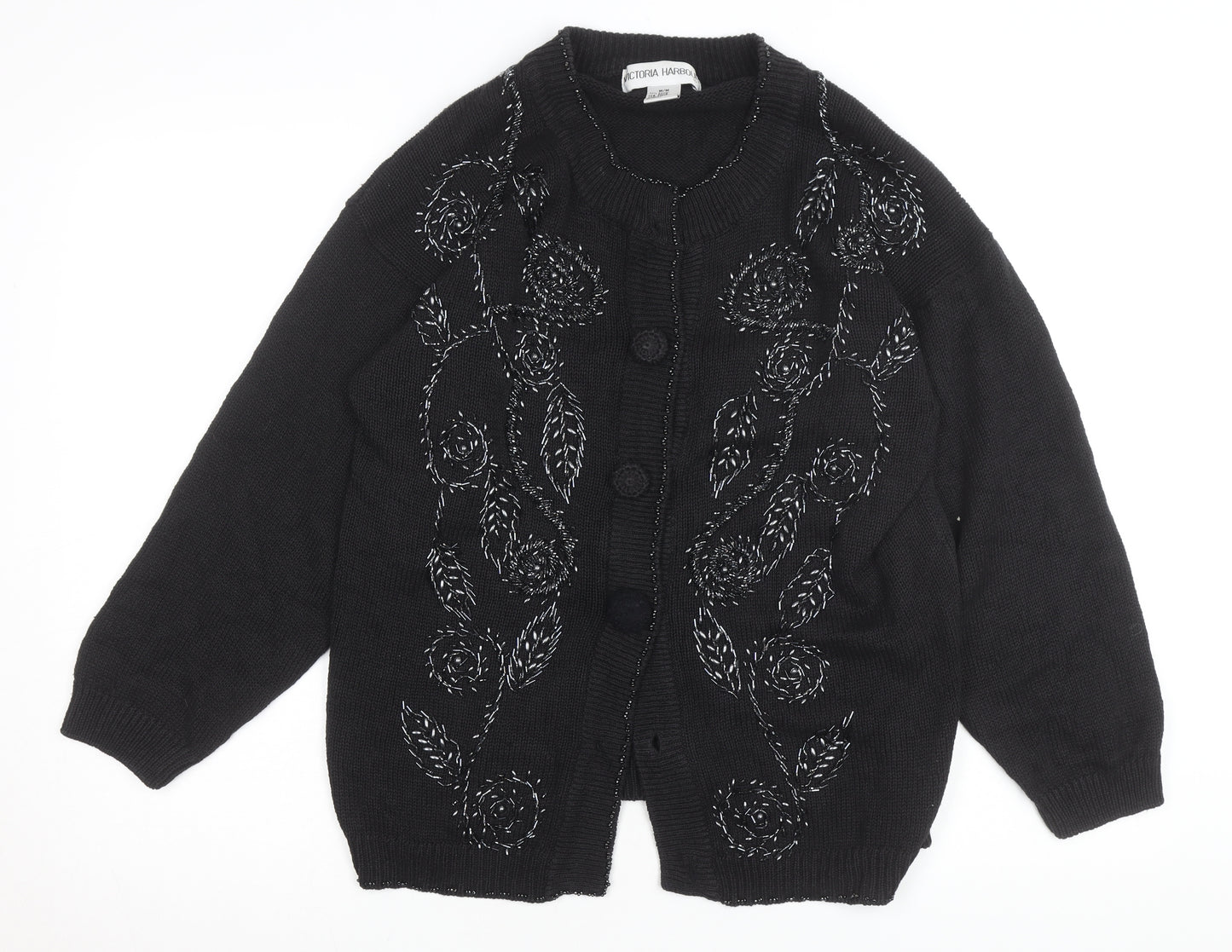 Victoria Harbour Women's Black Embroidered Cardigan M Cotton Ramie