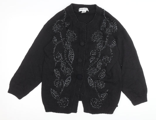 Victoria Harbour Women's Black Embroidered Cardigan M Cotton Ramie