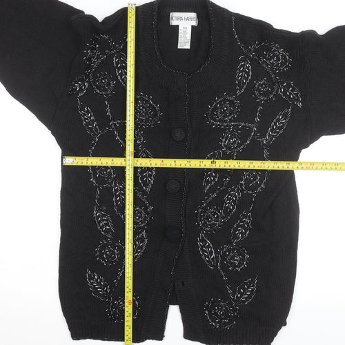 Victoria Harbour Women's Black Embroidered Cardigan M Cotton Ramie