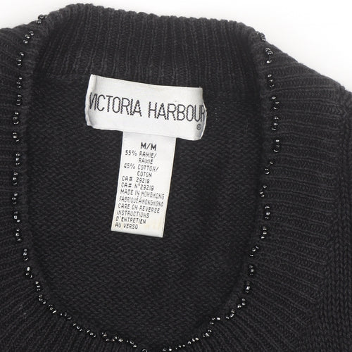 Victoria Harbour Women's Black Embroidered Cardigan M Cotton Ramie