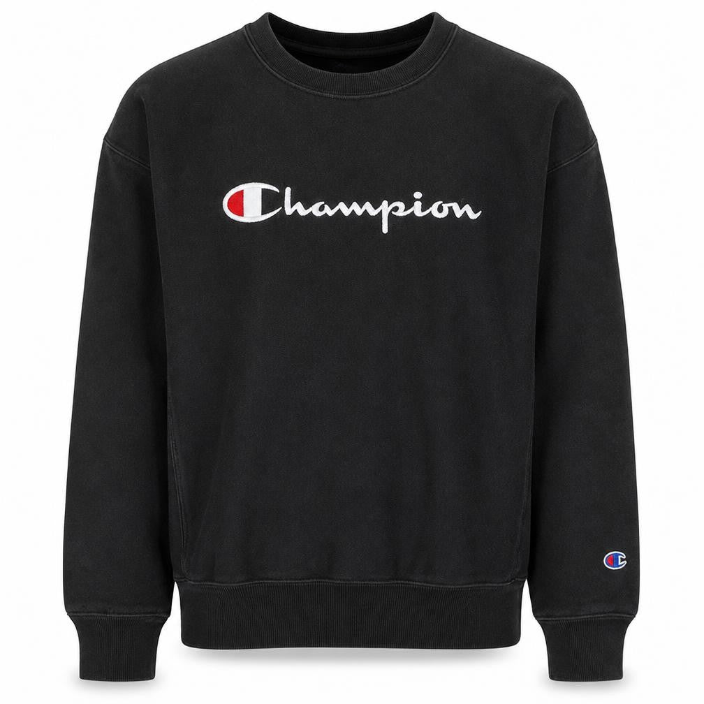 Front view of Champion Men's Black Reverse Weave Sweatshirt S Pullover Crew Neck