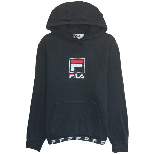 FILA Men Black Pullover Hoodie Fleece Logo Medium Sportswear