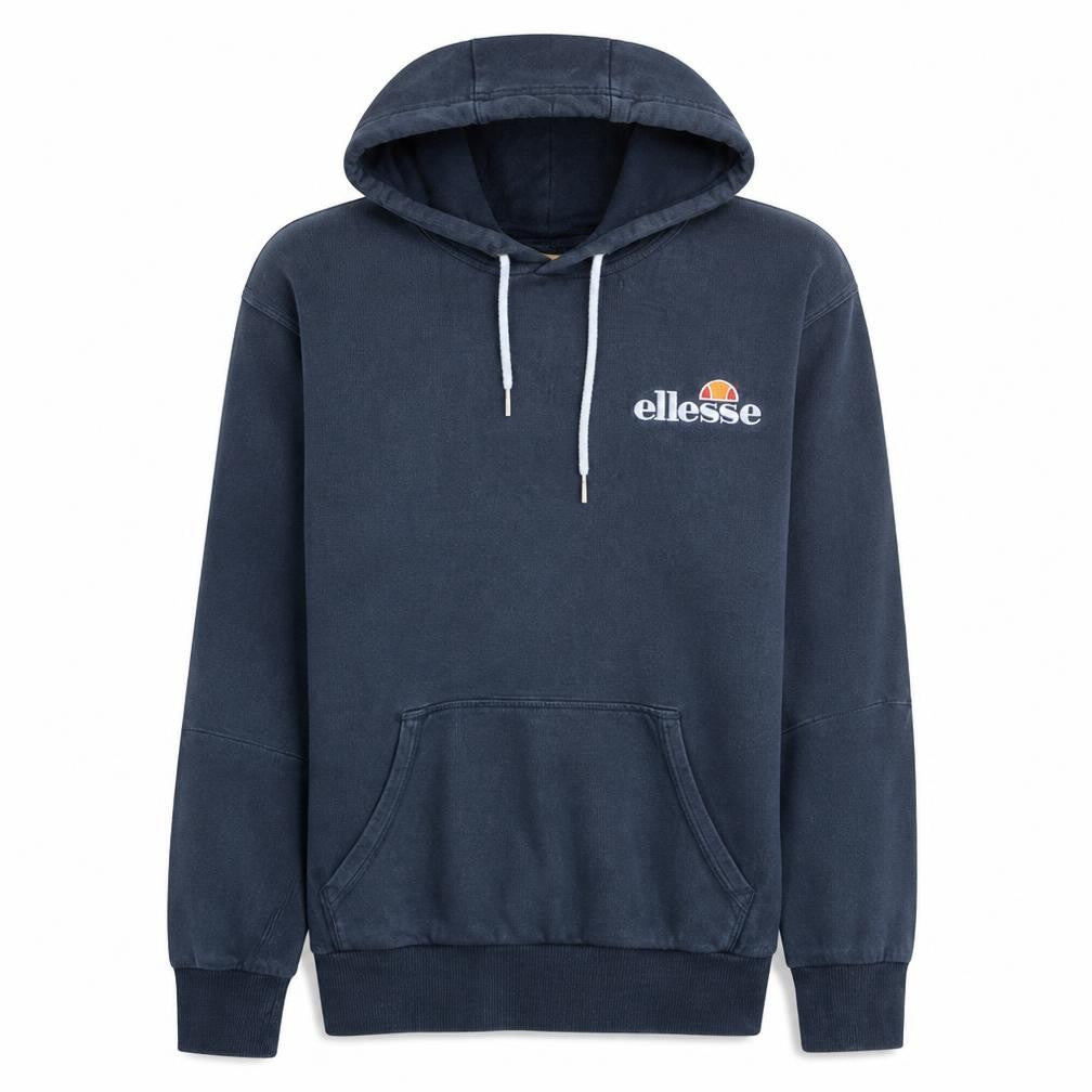 Front view of Ellesse Men's Blue Pullover Hoodie, size L, Logo Fleece Sweatshirt