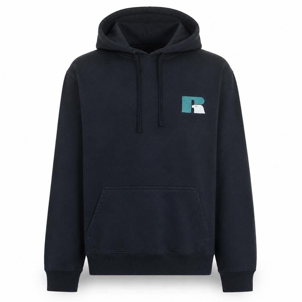 Front view of Russell Athletic Men's Black Pullover Hoodie L Fleece Sweatshirt