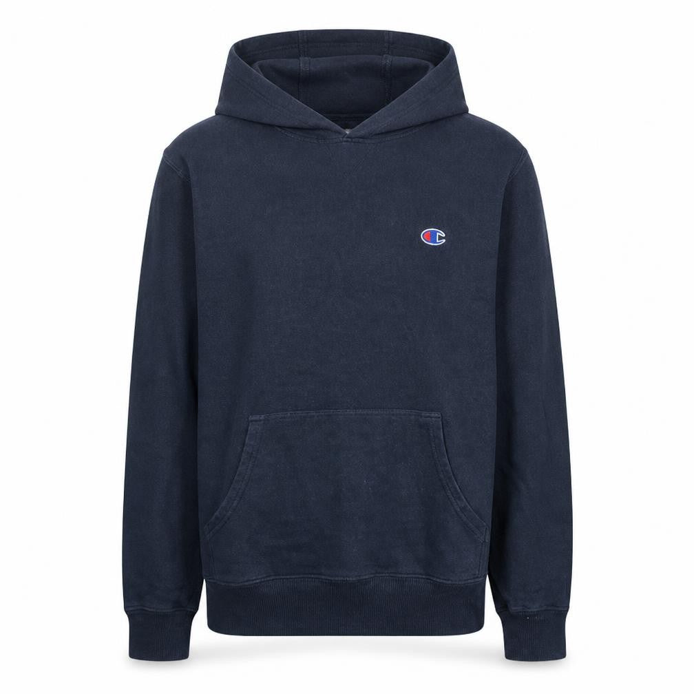 Front view of Champion Men's Black Pullover Hoodie, size S, Classic Fleece Sweatshirt