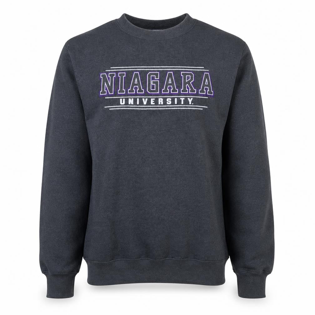 Front view of Champion men’s grey niagara university crew neck sweatshirt l