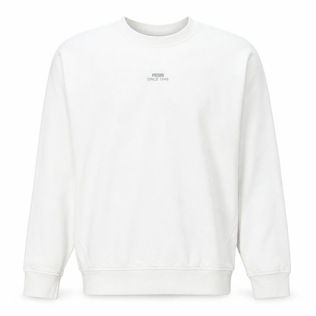 Front view of Puma Men's White Crew Neck Pullover Sweatshirt, size S, Regular Fit