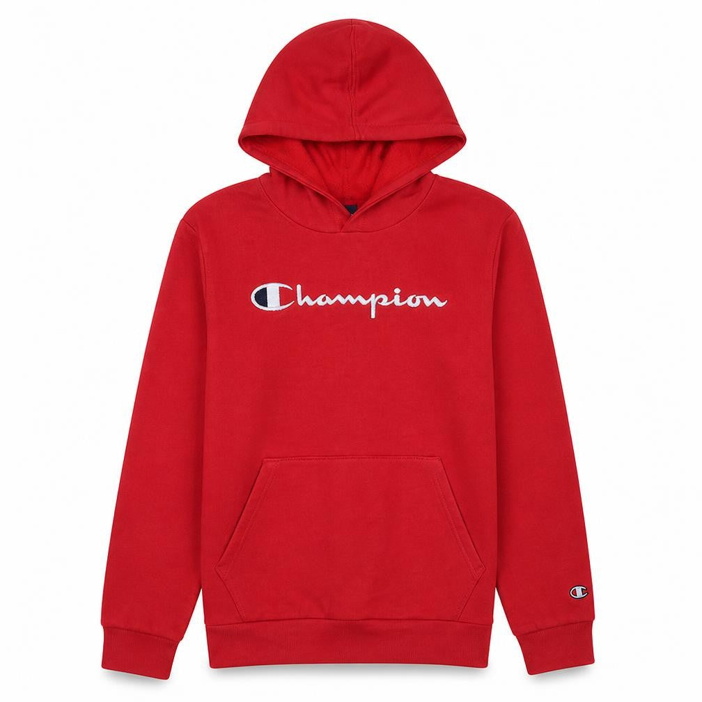 Front view of Champion boys’ red pullover hoodie xl - cotton blend logo sweatshirt