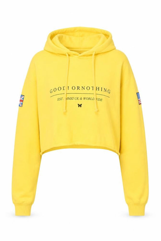 Front view of Good For Nothing Women's Yellow Cropped Hoodie, size M, Drawstring Hooded Sweatshirt