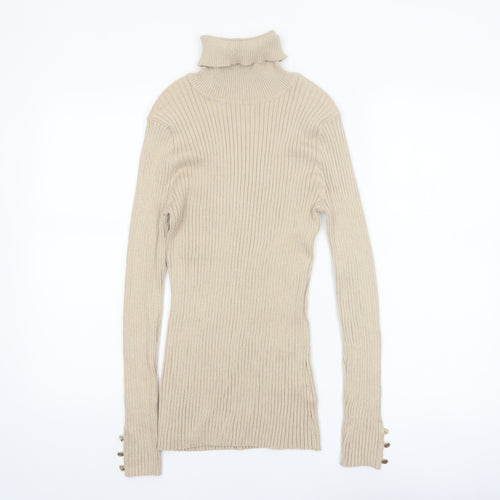 Tribekka 44 Women Beige Roll Neck Rib Knit Long Sleeve Jumper M