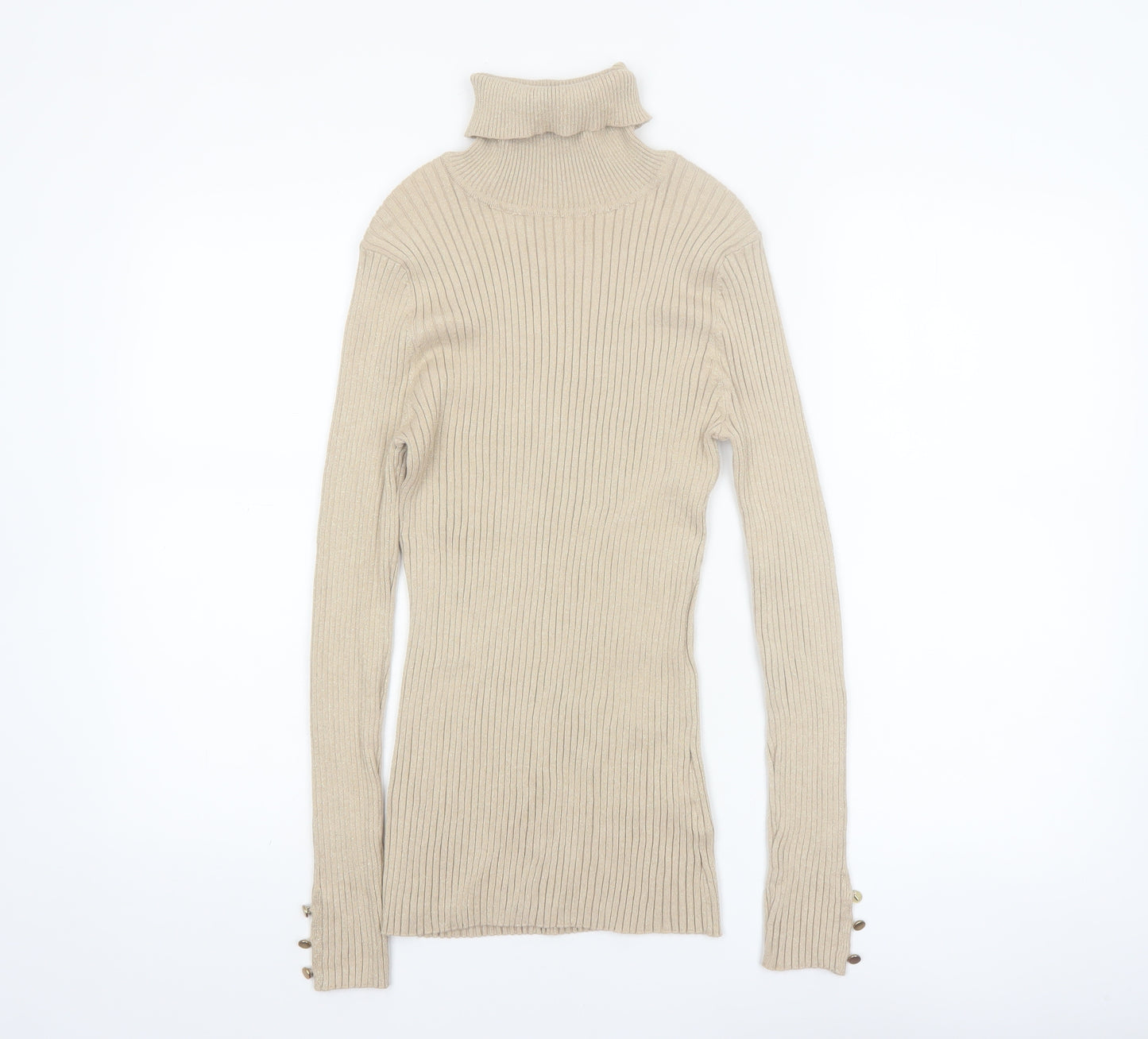 Tribekka 44 Women Beige Roll Neck Rib Knit Long Sleeve Jumper M