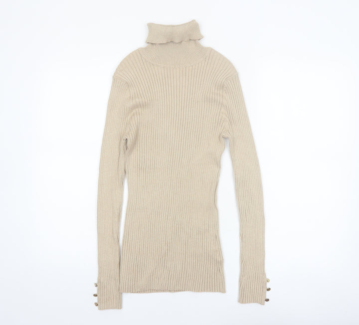 Tribekka 44 Women Beige Roll Neck Rib Knit Long Sleeve Jumper M