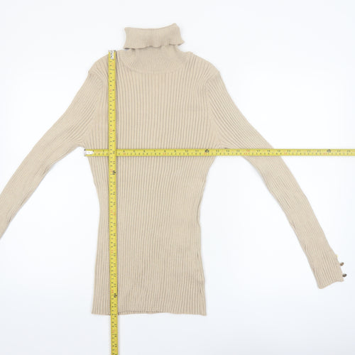 Tribekka 44 Women Beige Roll Neck Rib Knit Long Sleeve Jumper M