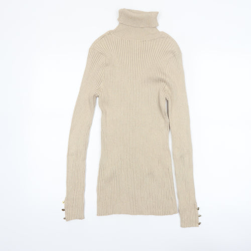 Tribekka 44 Women Beige Roll Neck Rib Knit Long Sleeve Jumper M
