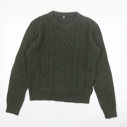 Uniqlo Womens Green Cable-Knit Wool Blend Jumper Size S Classic Style